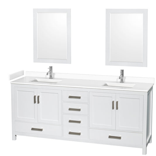 Sheffield 80" Double Vanity in White, White Marble Top, Square 24" Mirrors