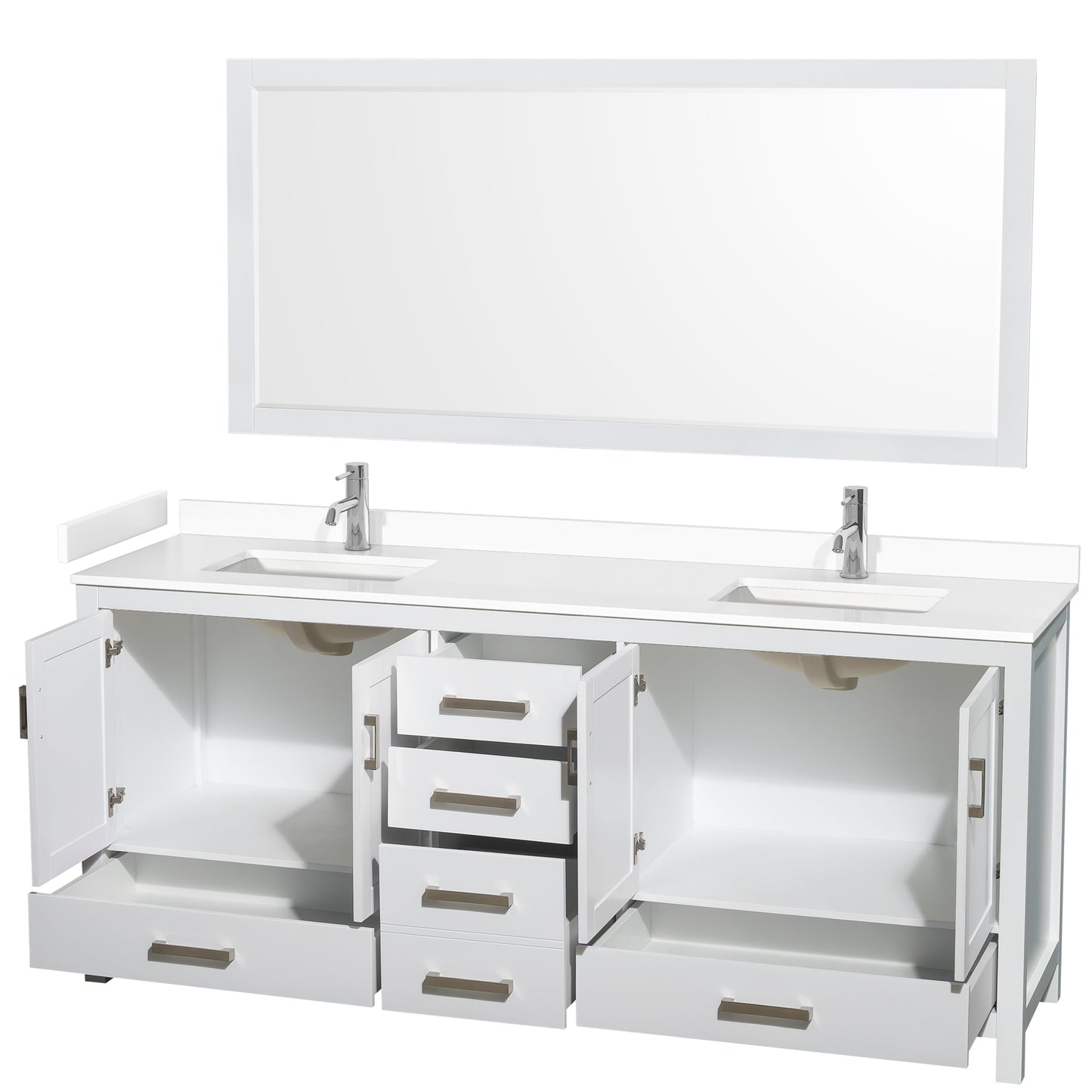 Sheffield 80" Double Vanity in White, White Marble Top, Square 70" Mirror