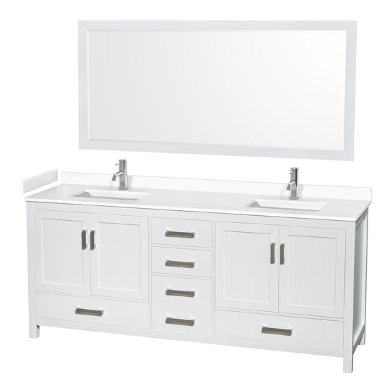 Sheffield 80" Double Vanity in White, White Marble Top, Square 70" Mirror