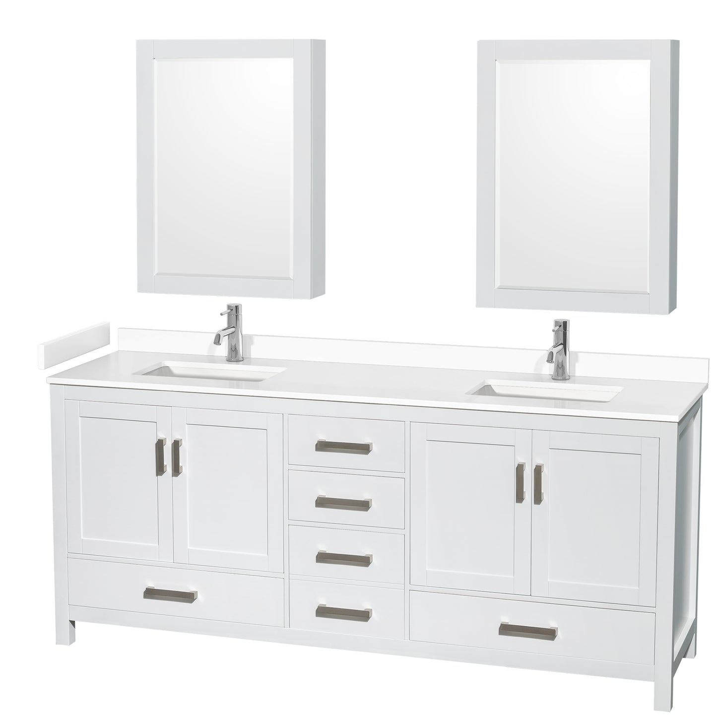 Sheffield 80" Double Vanity in White, White Marble Top, Square Medicine Cabinets