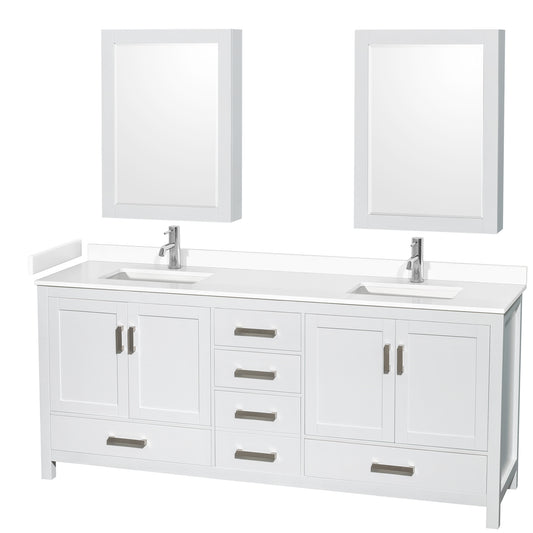 Sheffield 80" Double Vanity in White, White Marble Top, Square Medicine Cabinets