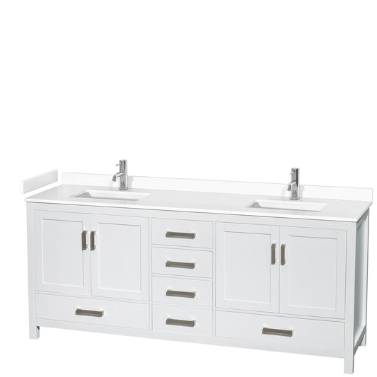 Sheffield 80" Double Vanity in White, White Marble Top, Square No Mirror