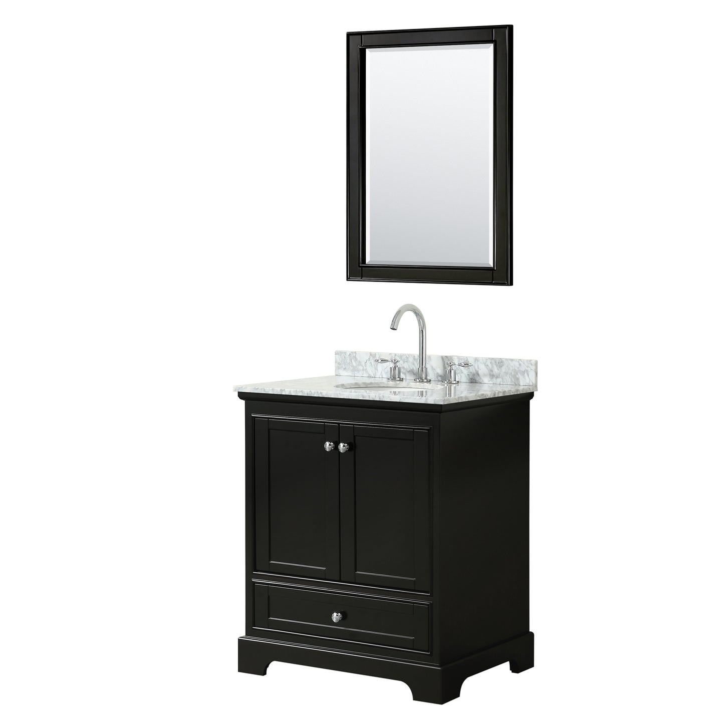 Deborah 30 Inch Single Bathroom Vanity in Dark Espresso, White Carrara Marble Countertop, Undermount Oval Sink, and 24 Inch Mirror