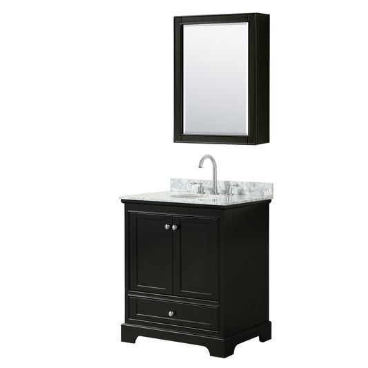 Deborah 30 Inch Single Bathroom Vanity in Dark Espresso, White Carrara Marble Countertop, Undermount Oval Sink, and Medicine Cabinet