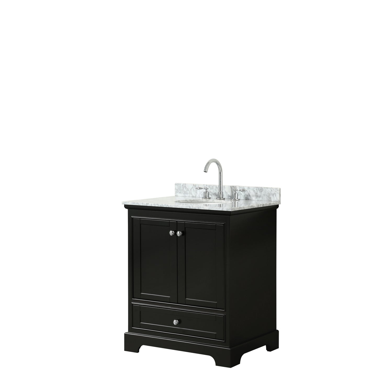 Deborah 30 Inch Single Bathroom Vanity in Dark Espresso, White Carrara Marble Countertop, Undermount Oval Sink, and No Mirror