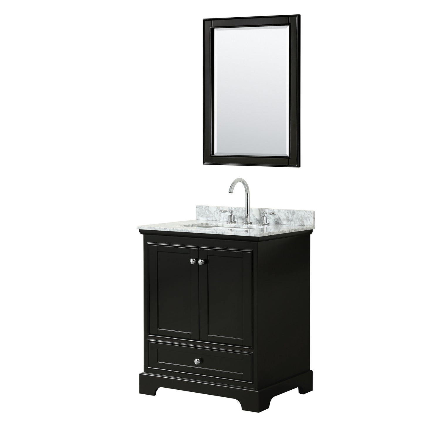 Deborah 30 Inch Single Bathroom Vanity in Dark Espresso, White Carrara Marble Countertop, Undermount Square Sink, and 24 Inch Mirror