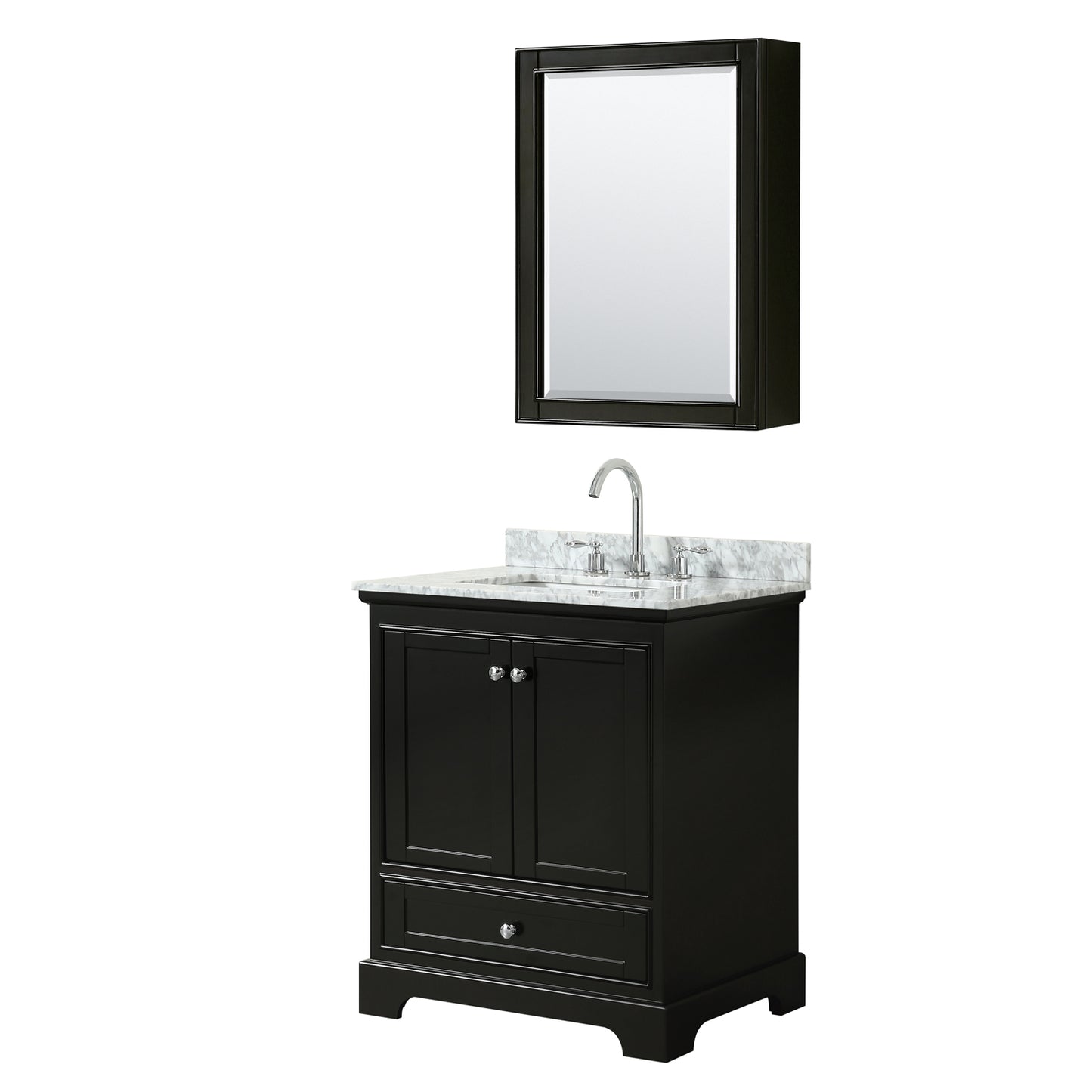 Deborah 30 Inch Single Bathroom Vanity in Dark Espresso, White Carrara Marble Countertop, Undermount Square Sink, and Medicine Cabinet