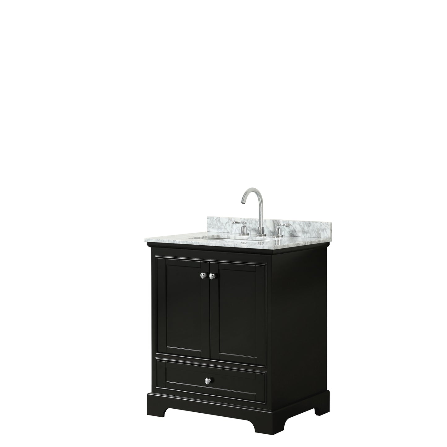 Deborah 30 Inch Single Bathroom Vanity in Dark Espresso, White Carrara Marble Countertop, Undermount Square Sink, and No Mirror