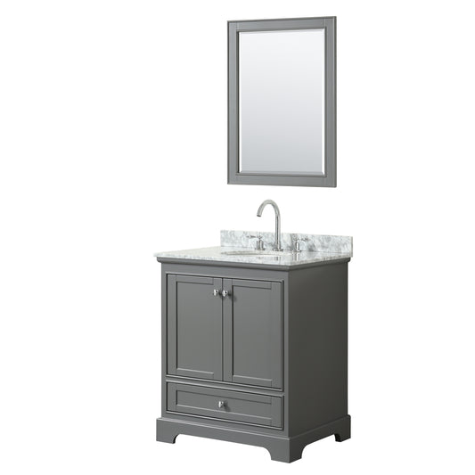 Deborah 30 Inch Single Bathroom Vanity in Dark Gray, White Carrara Marble Countertop, Undermount Oval Sink, and 24 Inch Mirror