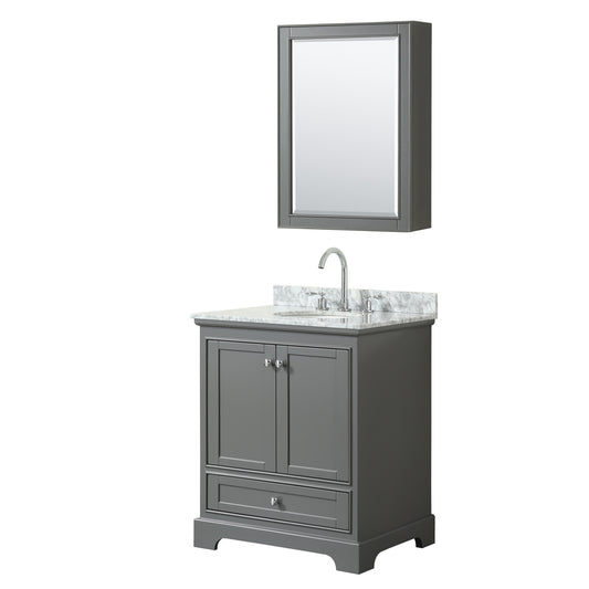 Deborah 30 Inch Single Bathroom Vanity in Dark Gray, White Carrara Marble Countertop, Undermount Oval Sink, and Medicine Cabinet