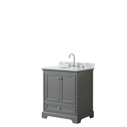 Deborah 30 Inch Single Bathroom Vanity in Dark Gray, White Carrara Marble Countertop, Undermount Oval Sink, and No Mirror