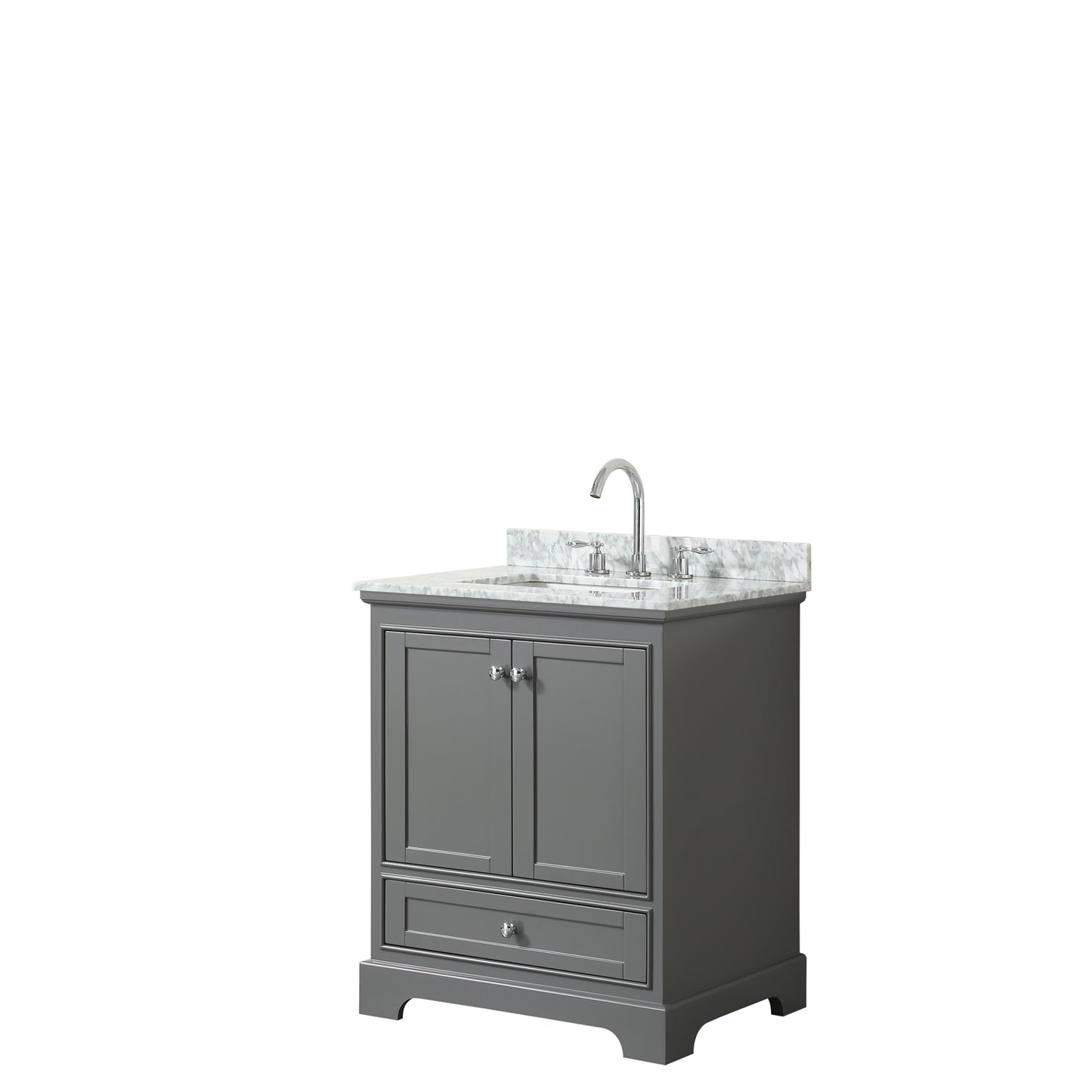 Deborah 30 Inch Single Bathroom Vanity in Dark Gray, White Carrara Marble Countertop, Undermount Square Sink, and No Mirror