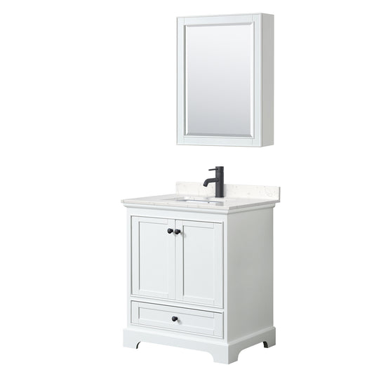 Deborah 30" White Single Vanity, Carrara Marble Top, Trim, Medicine Cabinet