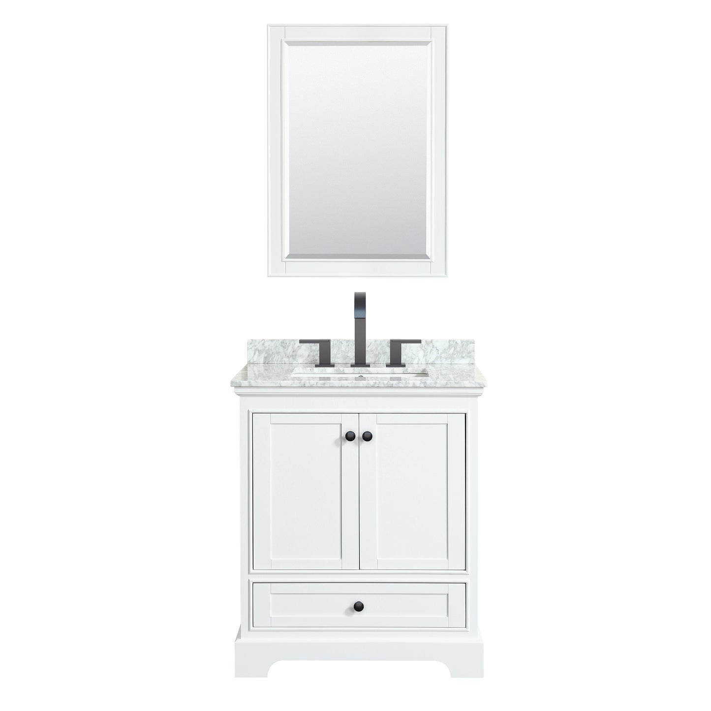 Deborah 30" Single Vanity in White, Top, Square Matte Black Trim, 24" Mirror