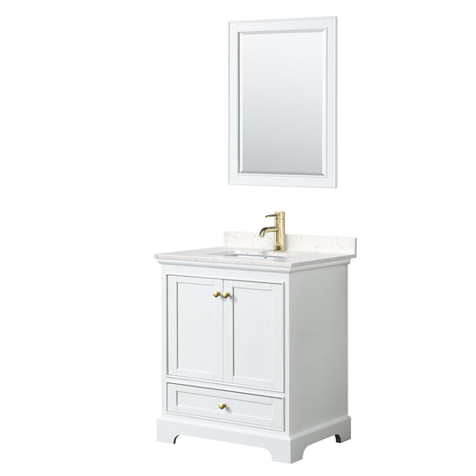 Deborah 30" Single Vanity in White, Carrara Marble Top, Gold Trim, 24" Mirror