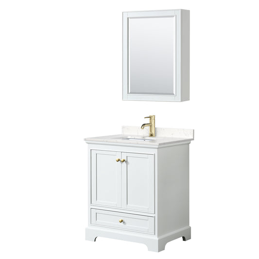 Deborah 30" White Single Vanity, Carrara Marble Top, Gold Trim, Medicine Cabinet