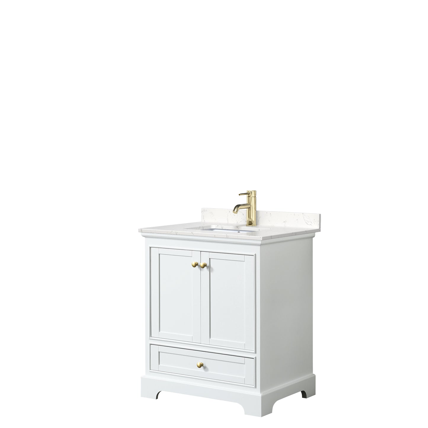 Deborah 30" Single Vanity in White, Carrara Marble Top, Gold Trim, No Mirror