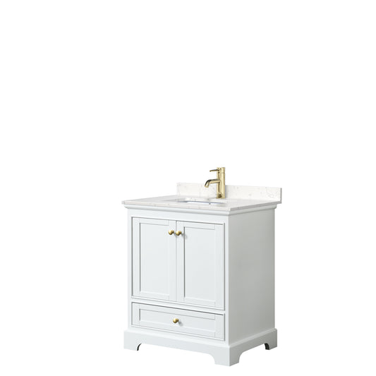Deborah 30" Single Vanity in White, Carrara Marble Top, Gold Trim, No Mirror