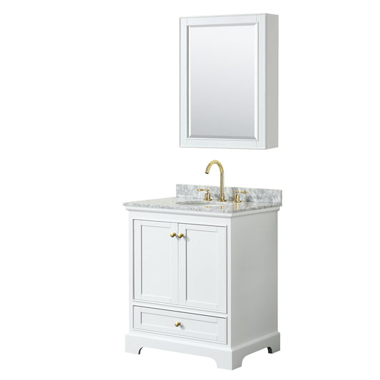 Deborah 30" White Single Vanity, Top, Oval Brushed Gold Trim, Medicine Cabinet