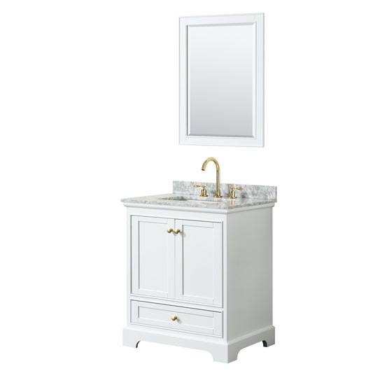 Deborah 30" Single Vanity in White, Top, Square Brushed Gold Trim, 24" Mirror