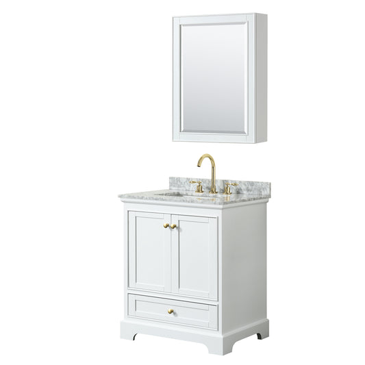 Deborah 30" Single Vanity in White, Top, Gold Trim, Medicine Cabinet