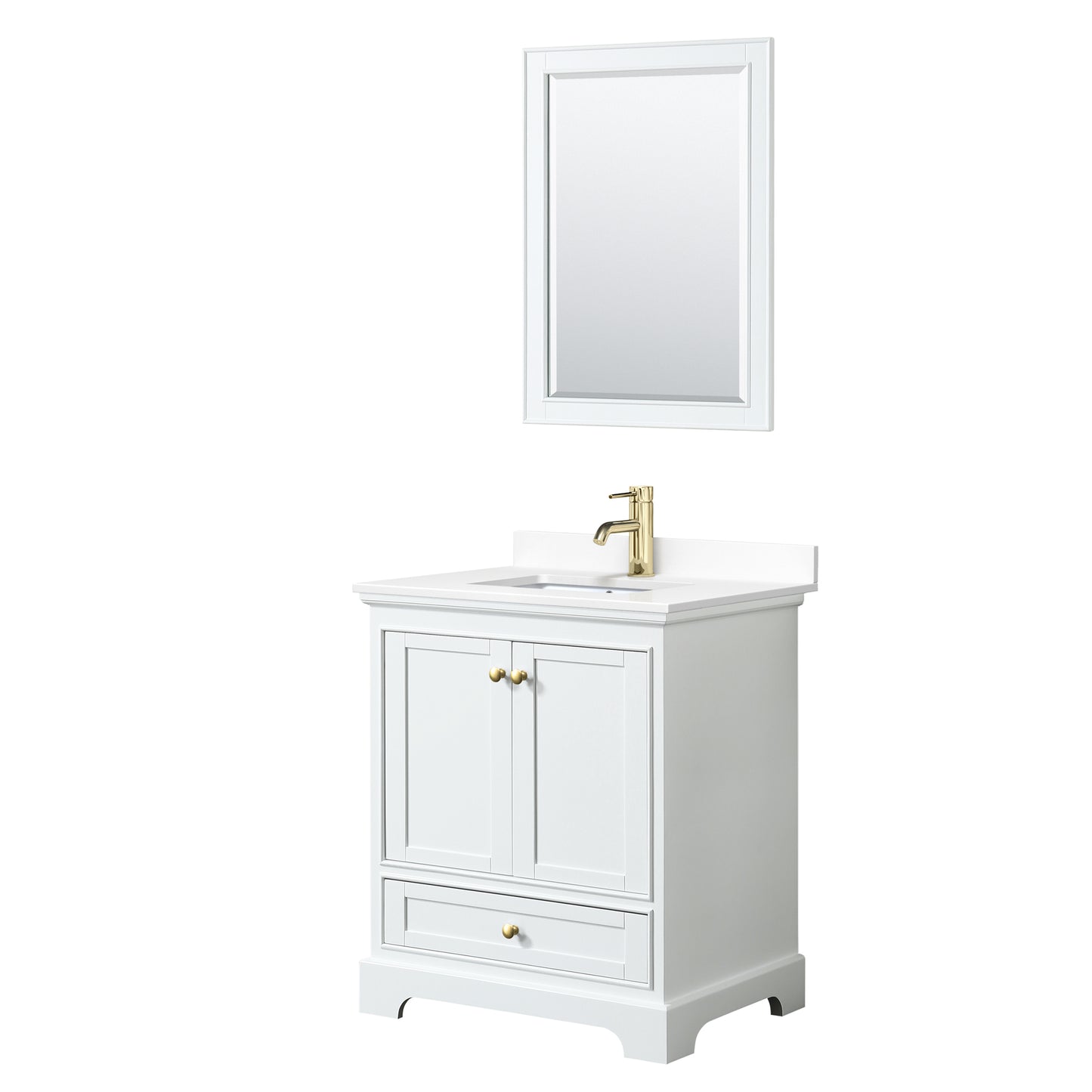 Deborah 30" Single Vanity in White, White Marble Top, Gold Trim, 24" Mirror