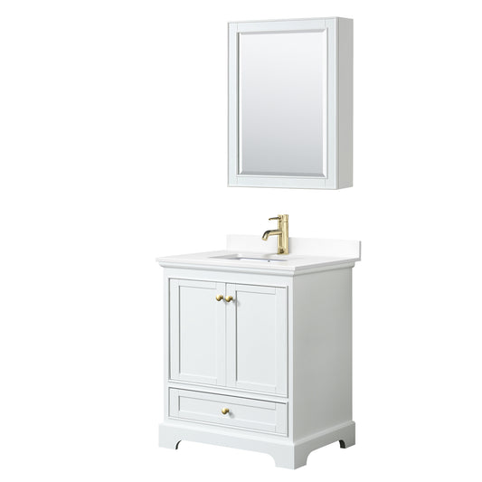 Deborah 30" White Single Vanity, White Marble Top, Gold Trim, Medicine Cabinet