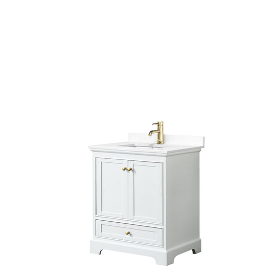 Deborah 30" Single Vanity in White, White Marble Top, Gold Trim, No Mirror