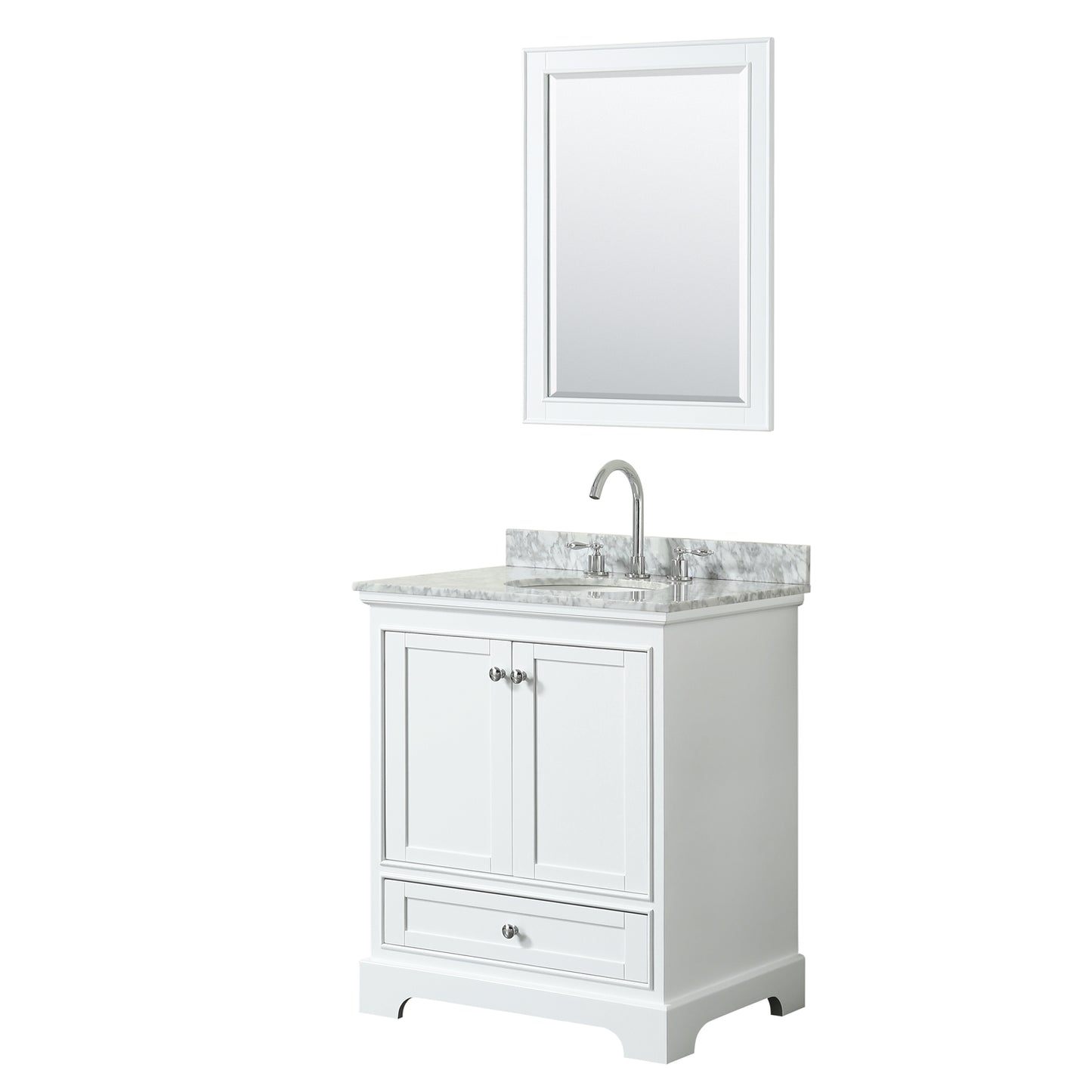 Deborah 30 Inch Single Bathroom Vanity in White, White Carrara Marble Countertop, Undermount Oval Sink, and 24 Inch Mirror