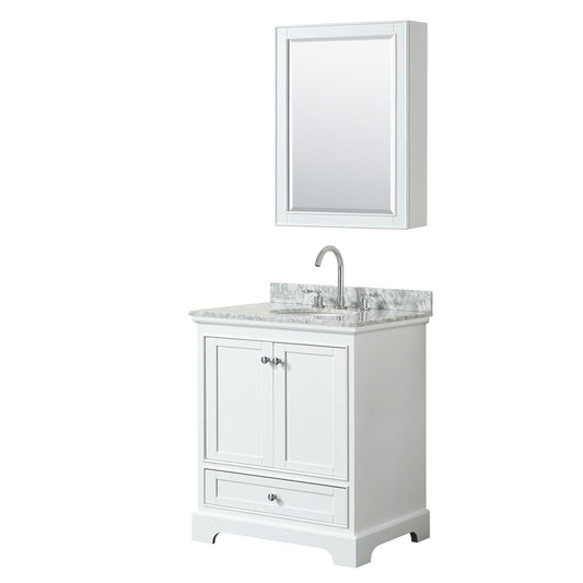 Deborah 30 Inch Single Bathroom Vanity in White, White Carrara Marble Countertop, Undermount Oval Sink, and Medicine Cabinet