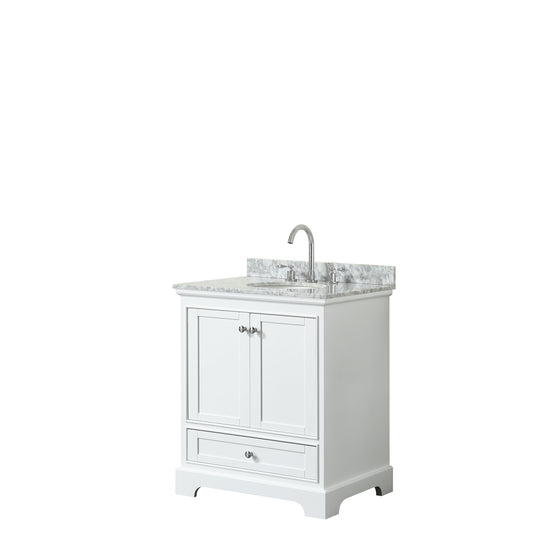 Deborah 30 Inch Single Bathroom Vanity in White, White Carrara Marble Countertop, Undermount Oval Sink, and No Mirror