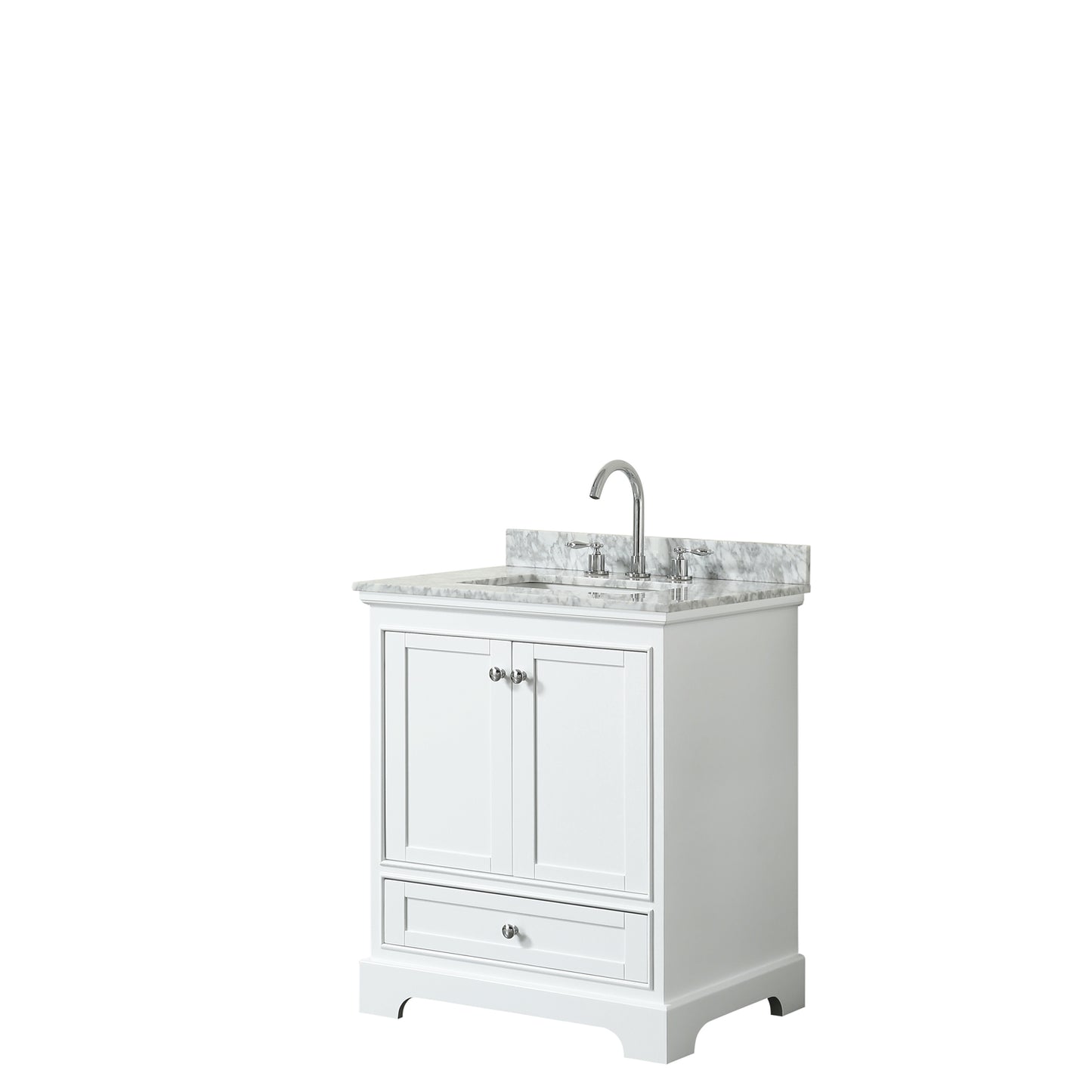 Deborah 30 Inch Single Bathroom Vanity in White, White Carrara Marble Countertop, Undermount Square Sink, and No Mirror