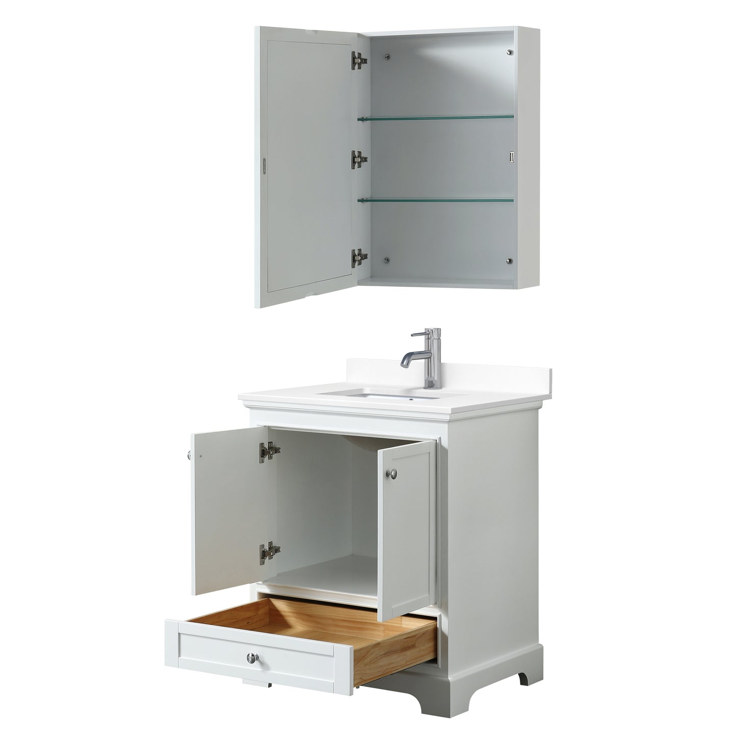 Deborah 30" Single Vanity in White, White Cultured Marble Top, Medicine Cabinet