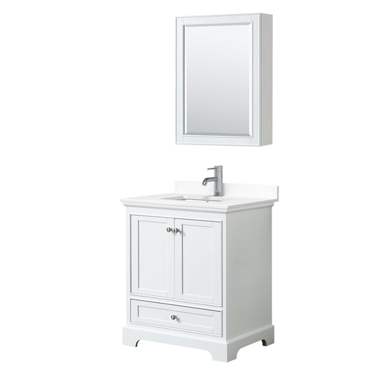 Deborah 30" Single Vanity in White, White Cultured Marble Top, Medicine Cabinet