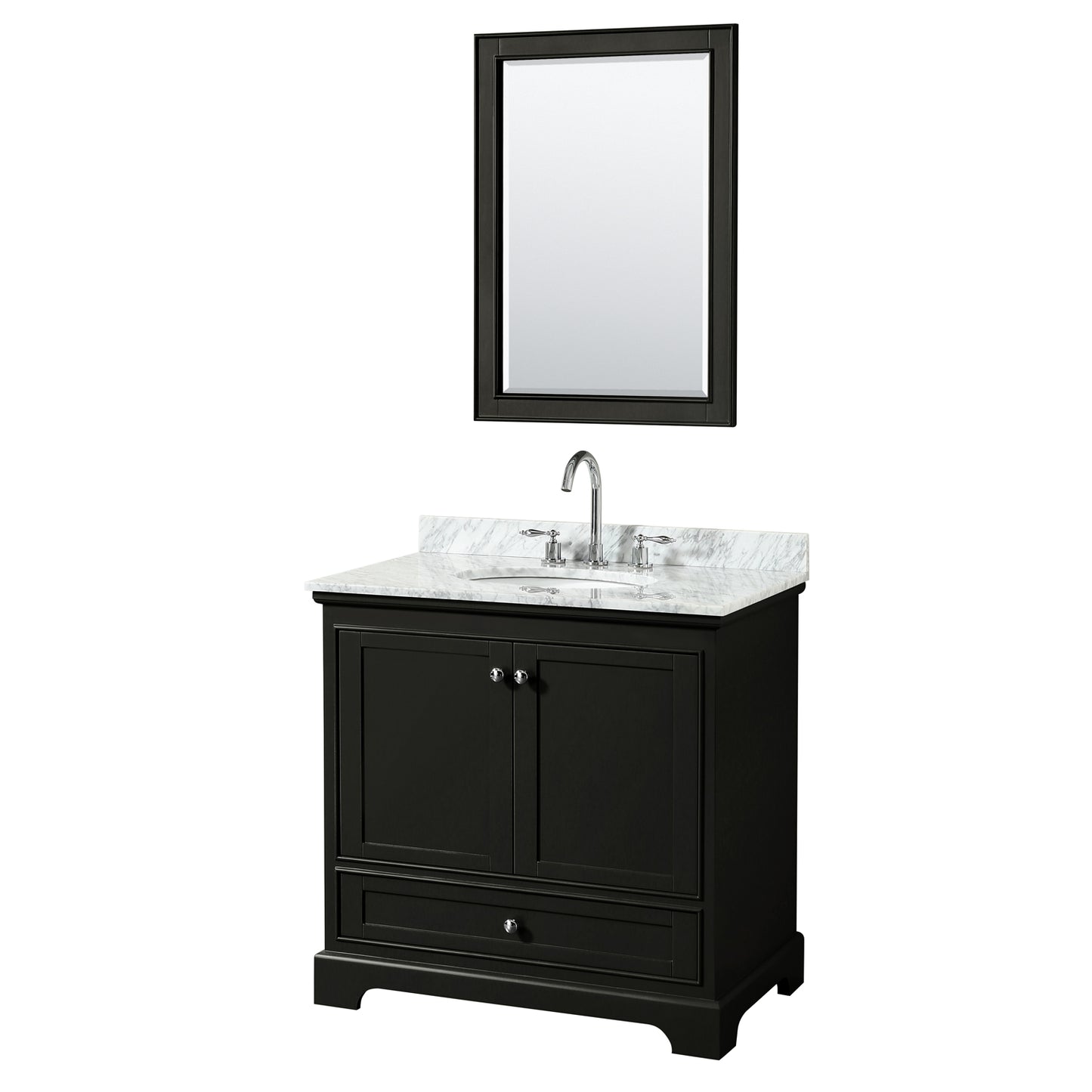 Deborah 36 Inch Single Bathroom Vanity in Dark Espresso, White Carrara Marble Countertop, Undermount Oval Sink, and 24 Inch Mirror