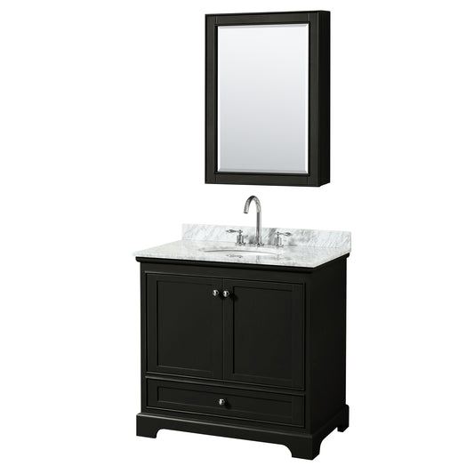 Deborah 36 Inch Single Bathroom Vanity in Dark Espresso, White Carrara Marble Countertop, Undermount Oval Sink, and Medicine Cabinet