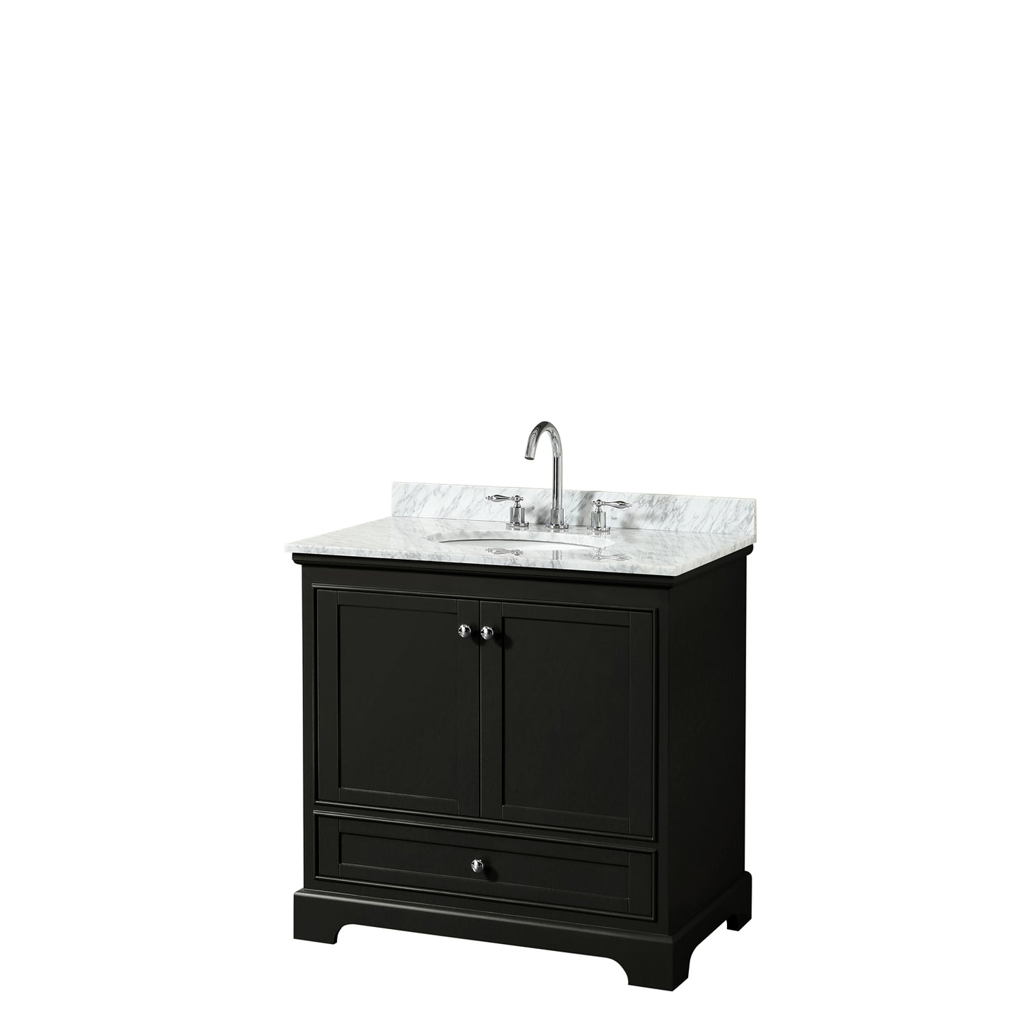 Deborah 36 Inch Single Bathroom Vanity in Dark Espresso, White Carrara Marble Countertop, Undermount Oval Sink, and No Mirror