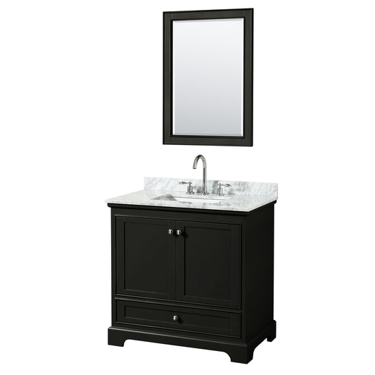 Deborah 36 Inch Single Bathroom Vanity in Dark Espresso, White Carrara Marble Countertop, Undermount Square Sink, and 24 Inch Mirror