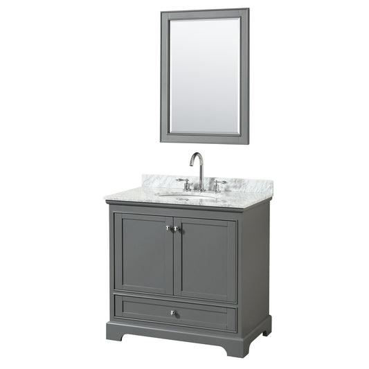 Deborah 36 Inch Single Bathroom Vanity in Dark Gray, White Carrara Marble Countertop, Undermount Oval Sink, and 24 Inch Mirror