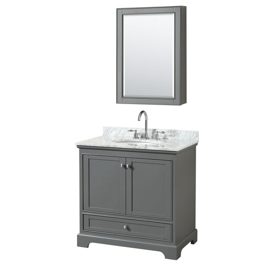 Deborah 36 Inch Single Bathroom Vanity in Dark Gray, White Carrara Marble Countertop, Undermount Oval Sink, and Medicine Cabinet