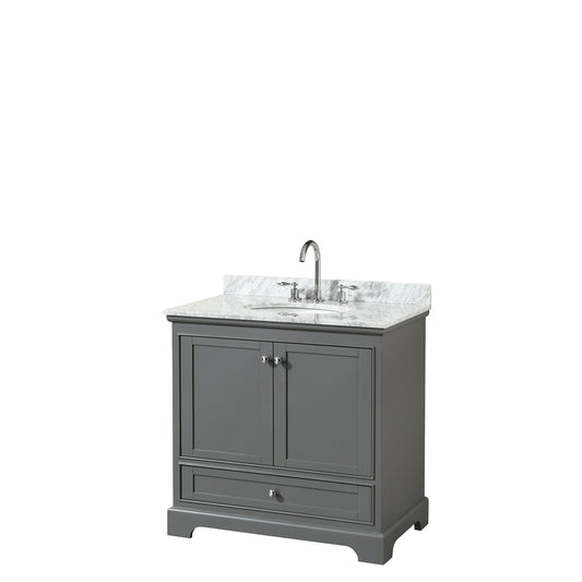 Deborah 36 Inch Single Bathroom Vanity in Dark Gray, White Carrara Marble Countertop, Undermount Oval Sink, and No Mirror