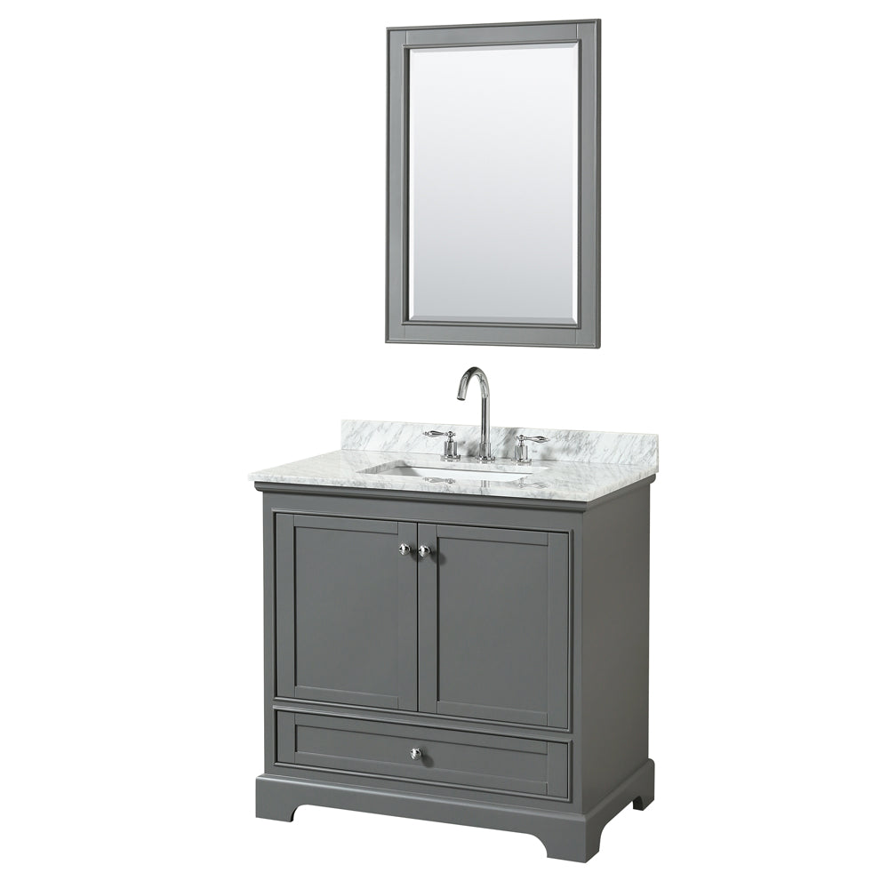 Deborah 36 inch Single Bathroom Vanity in Dark Gray, White Carrara Marble Countertop, Undermount Square Sink, and 24 inch Mirror