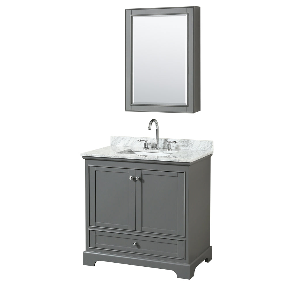 Deborah 36 inch Single Bathroom Vanity in Dark Gray, White Carrara Marble Countertop, Undermount Square Sink, and Medicine Cabinet