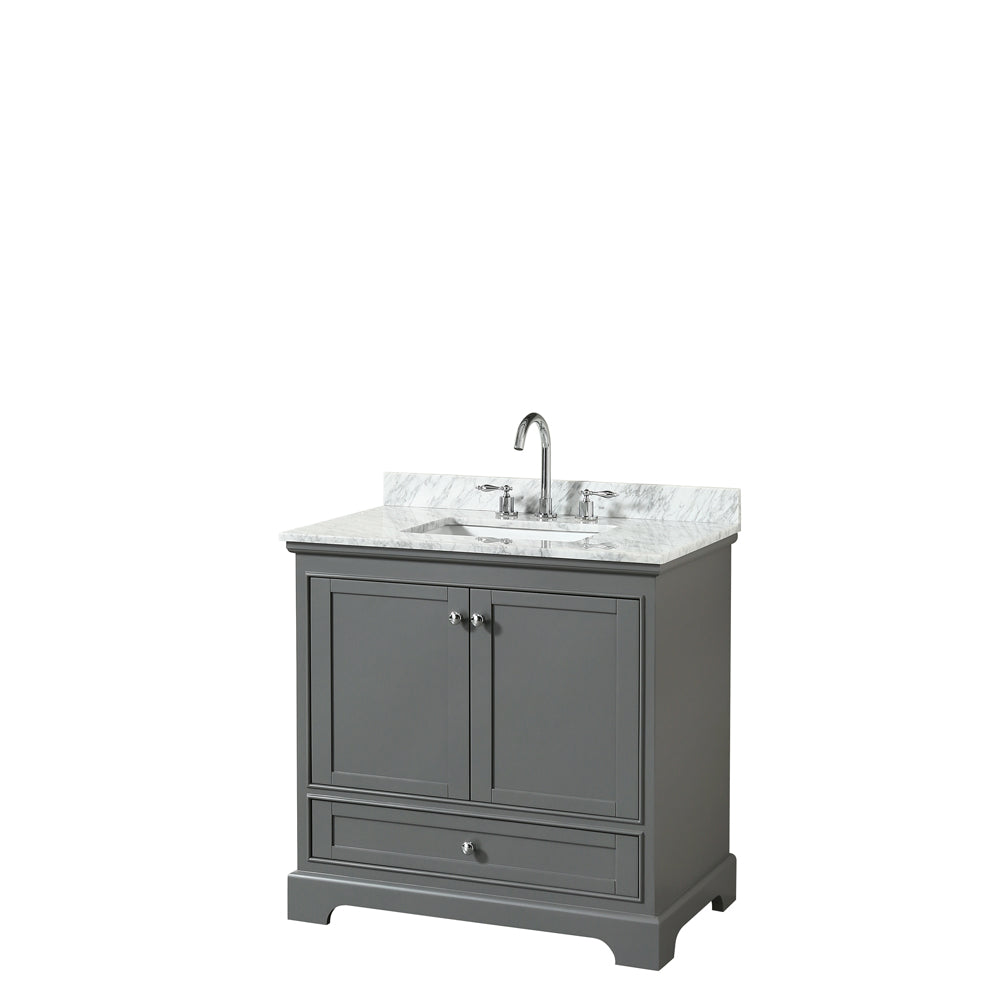 Deborah 36 inch Single Bathroom Vanity in Dark Gray, White Carrara Marble Countertop, Undermount Square Sink, and No Mirror