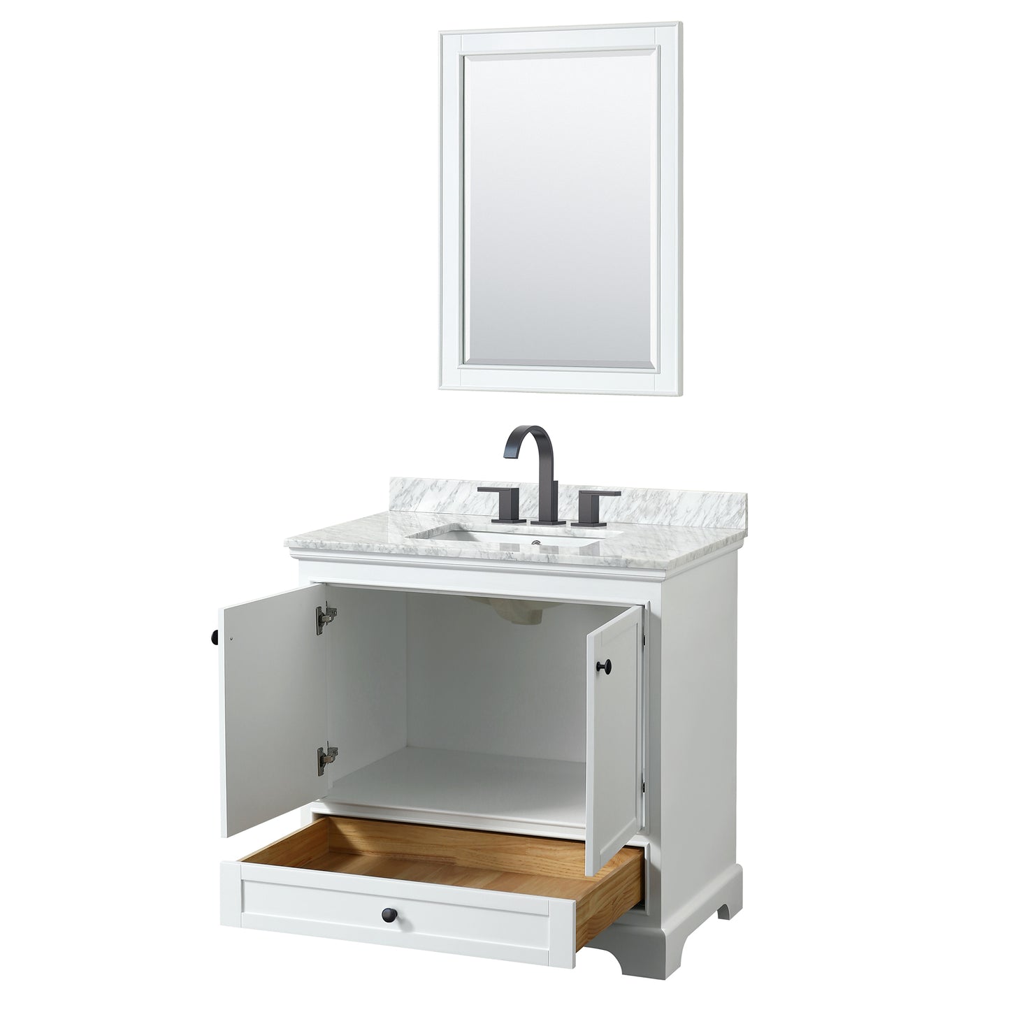 Deborah 36" Single Vanity in White, Top, Square Matte Black Trim, 24" Mirror