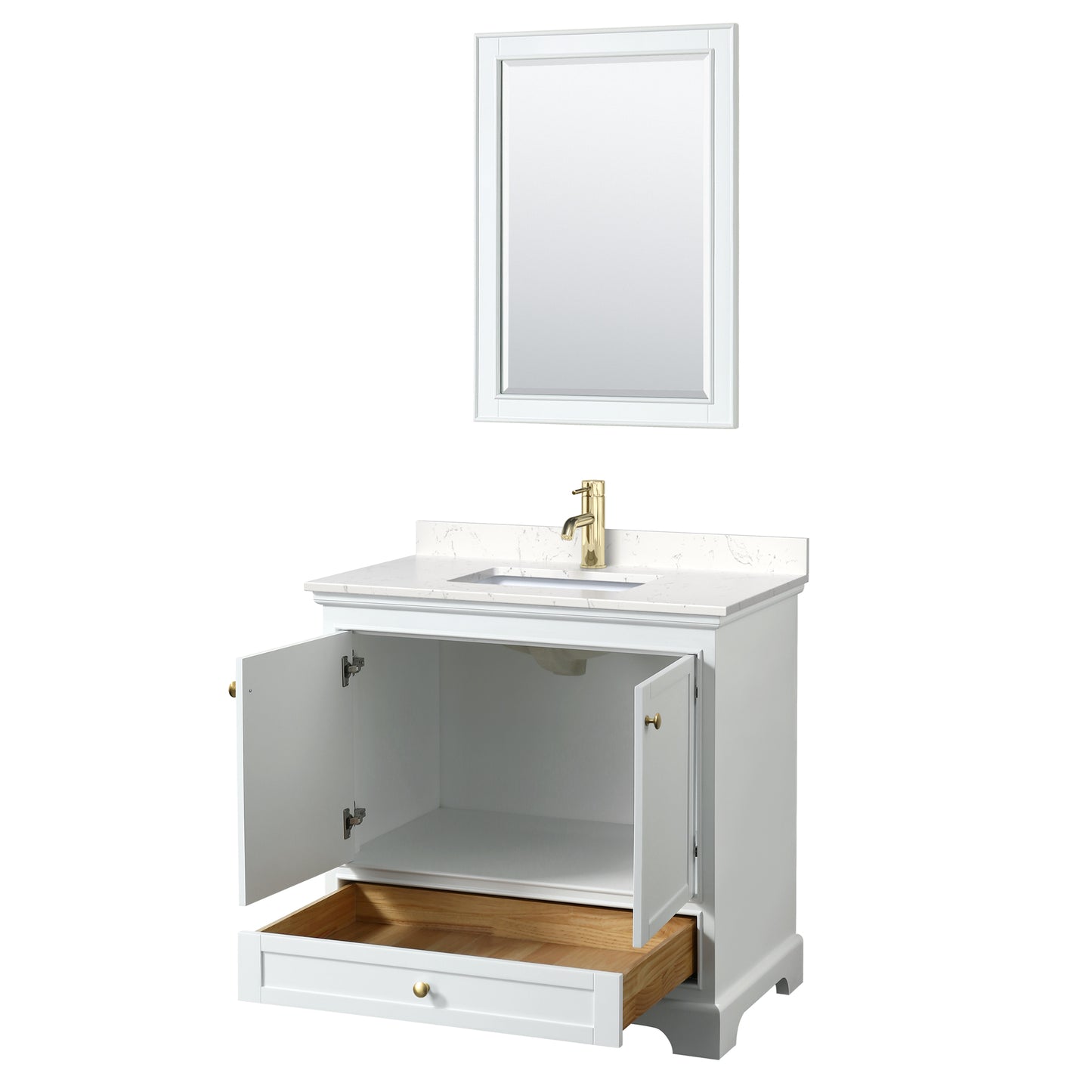 Deborah 36" Single Vanity in White, Carrara Marble Top, Gold Trim, 24" Mirror