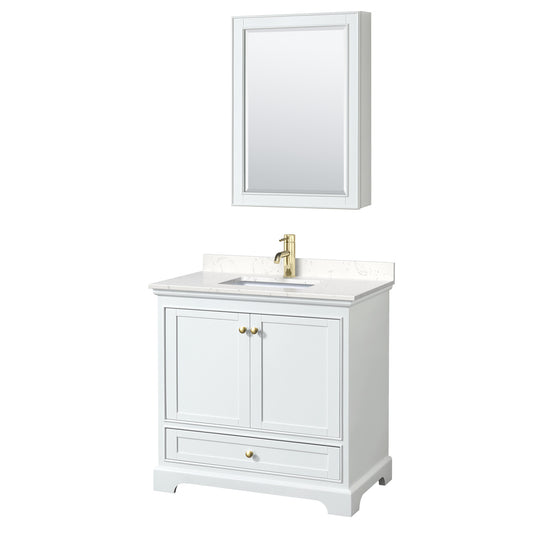 Deborah 36" White Single Vanity, Carrara Marble Top, Gold Trim, Medicine Cabinet