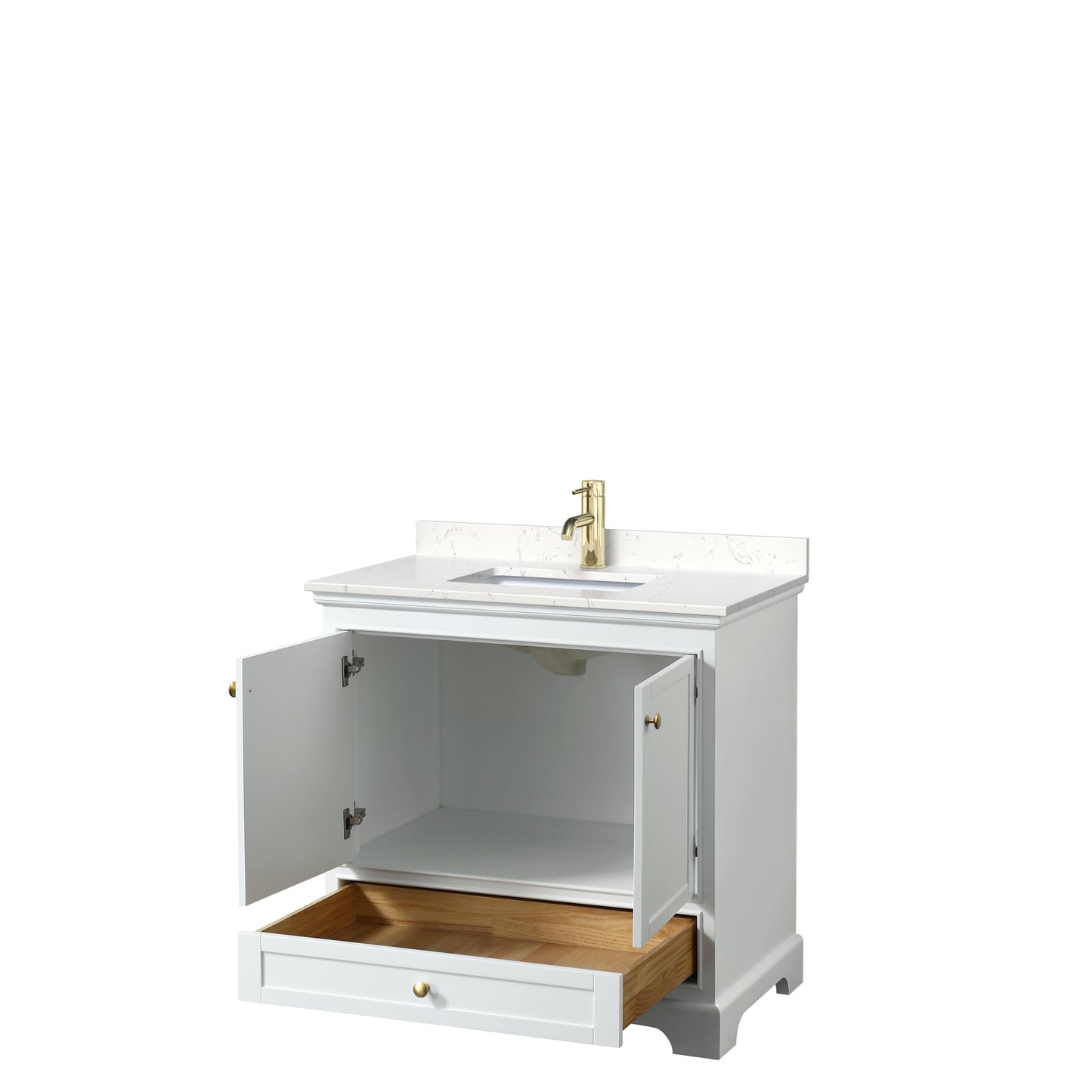 Deborah 36" Single Vanity in White, Carrara Marble Top, Gold Trim, No Mirror