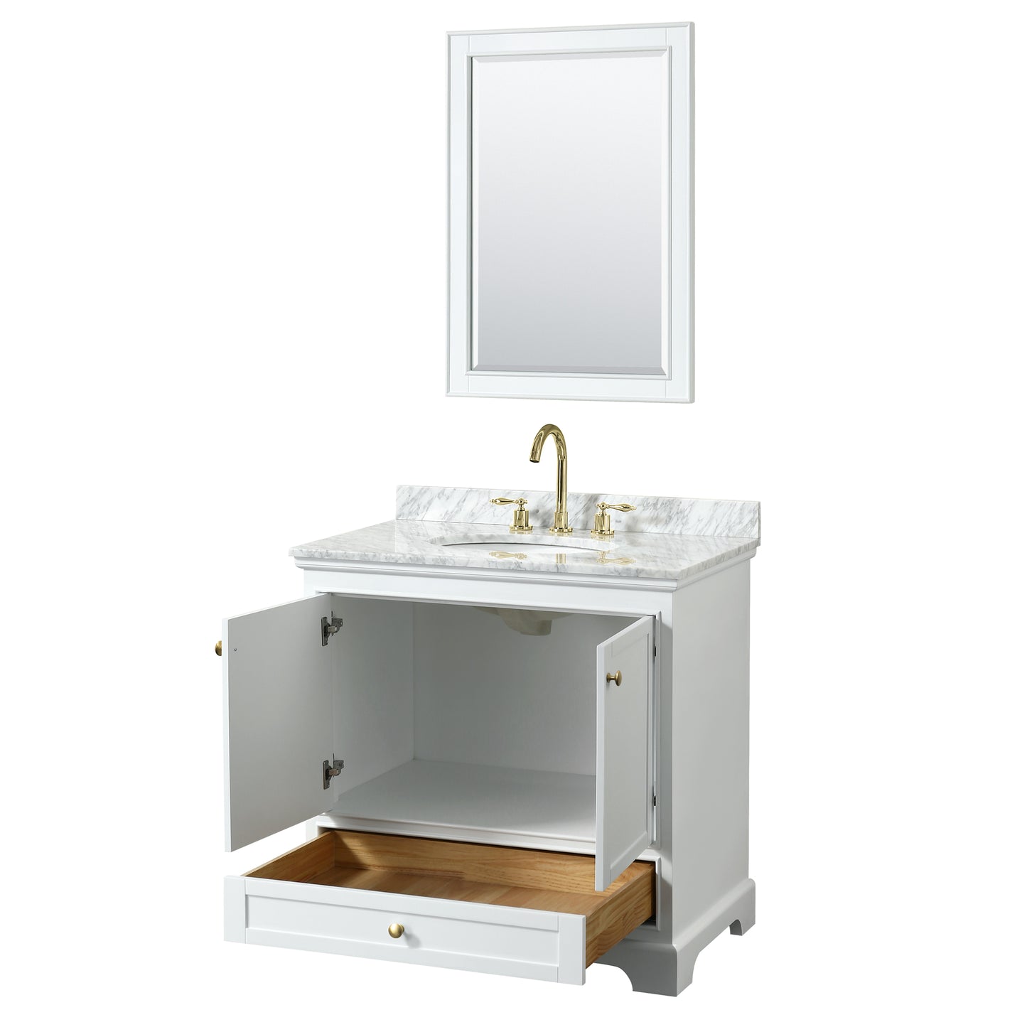 Deborah 36" Single Vanity in White, Top, Oval Brushed Gold Trim, 24" Mirror