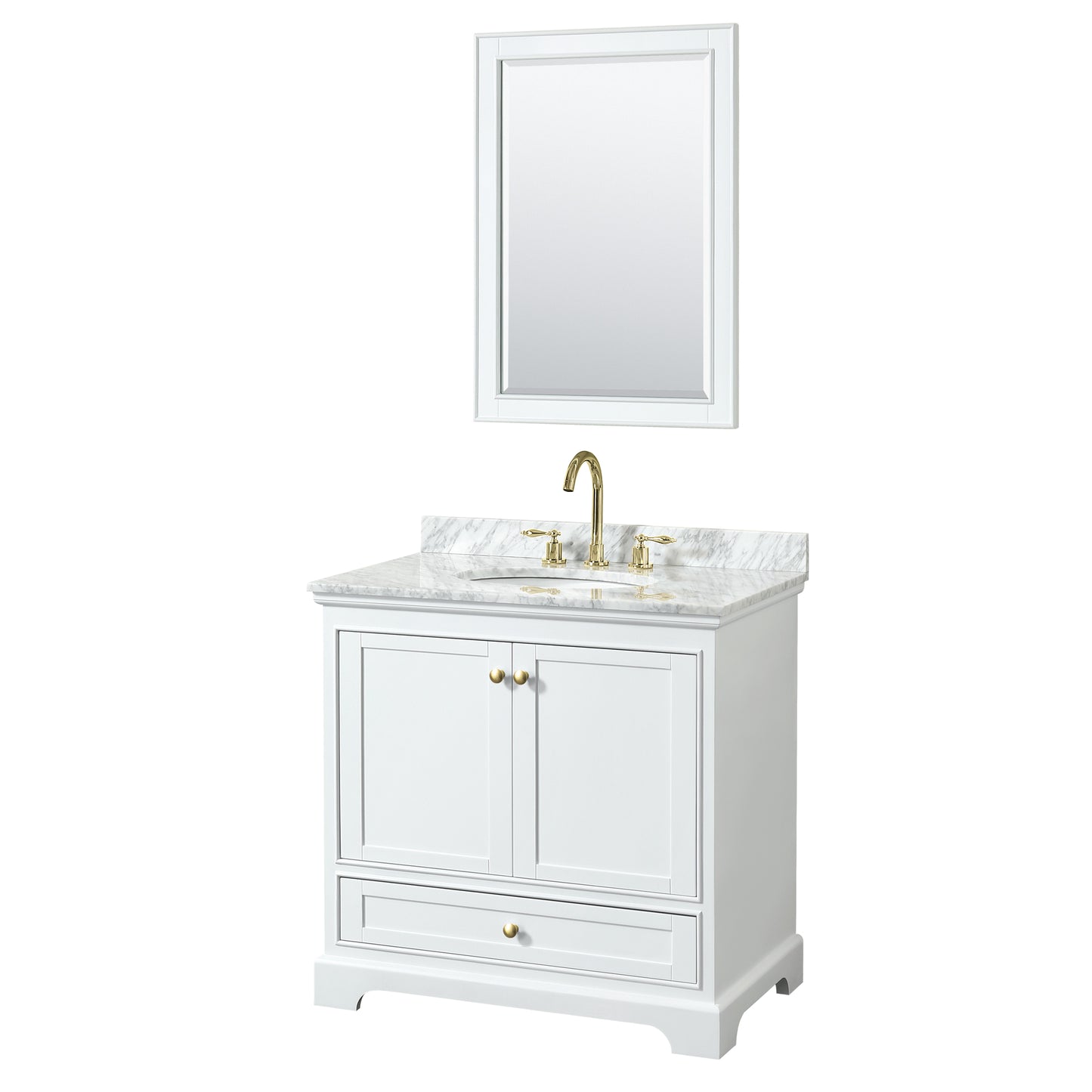 Deborah 36" Single Vanity in White, Top, Oval Brushed Gold Trim, 24" Mirror